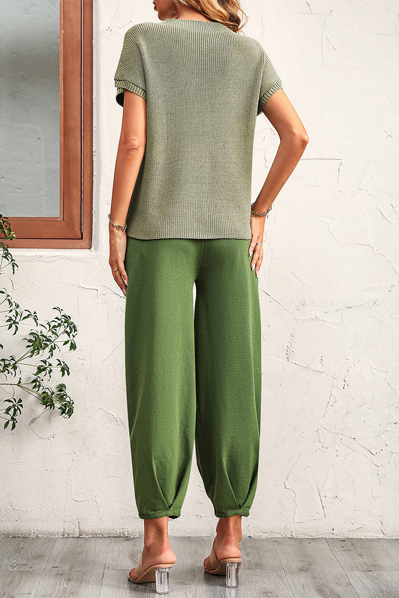 Conjunto informal liso sin cinturón, cuello redondo, manga corta, dos piezas