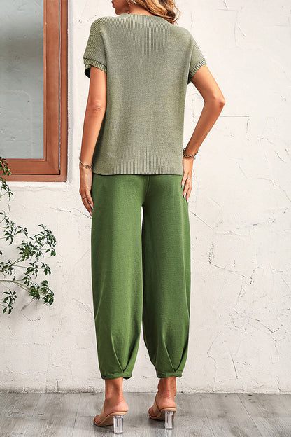 Conjunto informal liso sin cinturón, cuello redondo, manga corta, dos piezas