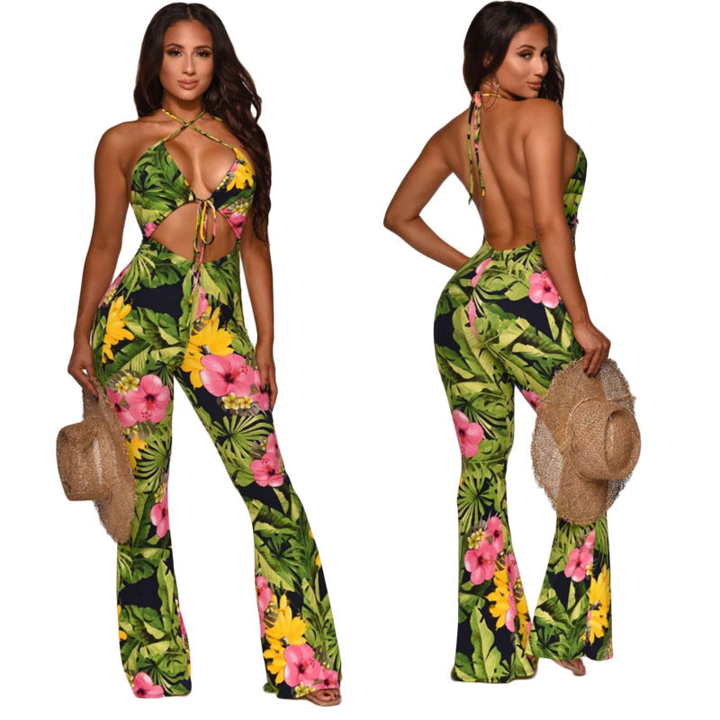 Mono sexy con tirantes y pantalones acampanados estampados para mujer