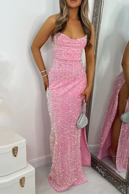 Vestido sexy de lentejuelas sólidas con diseño de tiras de espagueti de apertura alta con tirantes irregulares