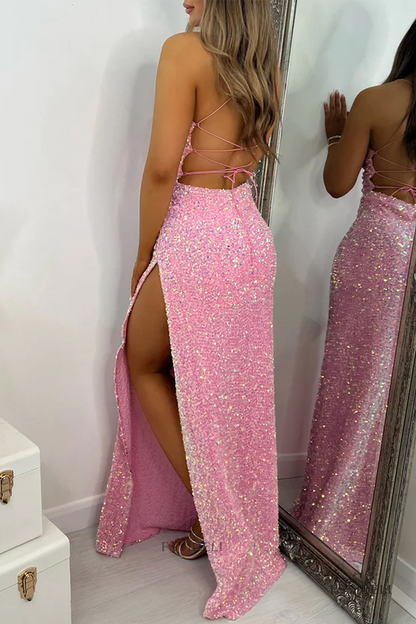 Vestido sexy de lentejuelas sólidas con diseño de tiras de espagueti de apertura alta con tirantes irregulares