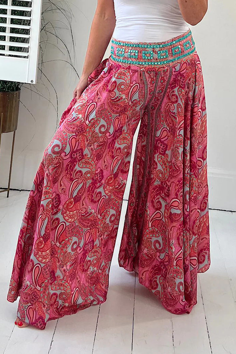 Pantalones casuales con estampado universitario, patchwork, cintura alta, pierna ancha y estampado completo
