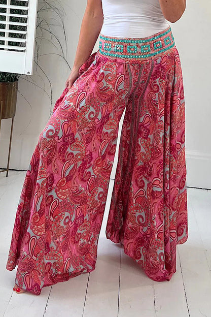 Pantalones casuales con estampado universitario, patchwork, cintura alta, pierna ancha y estampado completo