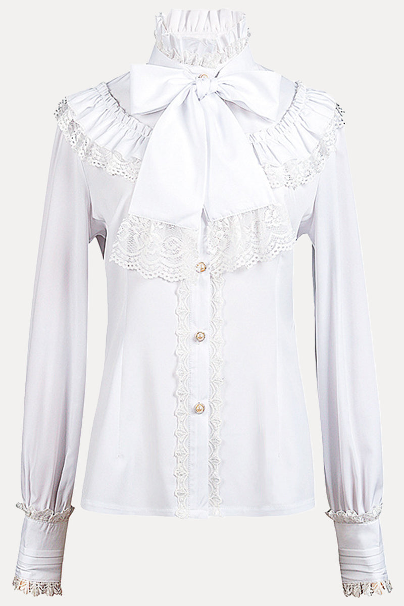 Tops de cuello alto con lazo y encaje sólido de estilo británico
