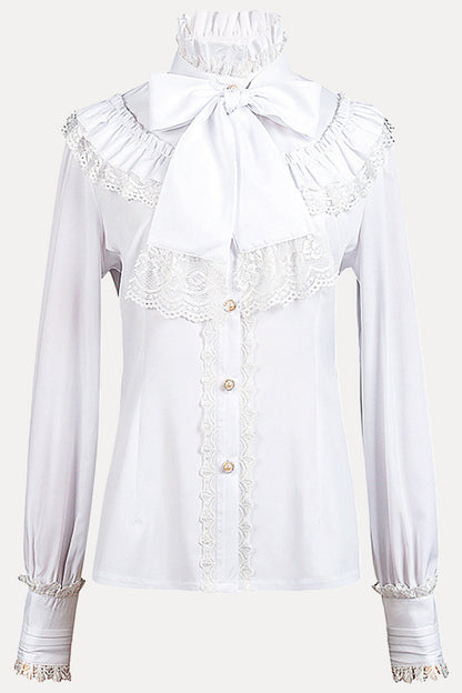 Tops de cuello alto con lazo y encaje sólido de estilo británico
