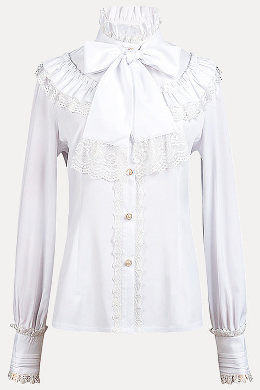 Tops de cuello alto con lazo y encaje sólido de estilo británico
