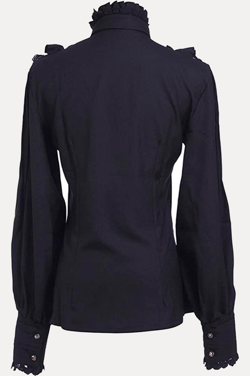 Tops de cuello alto con lazo y encaje sólido de estilo británico