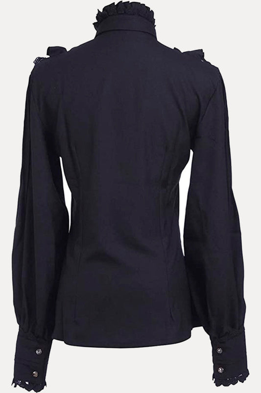 Tops de cuello alto con lazo y encaje sólido de estilo británico