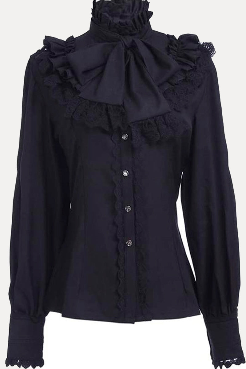 Tops de cuello alto con lazo y encaje sólido de estilo británico