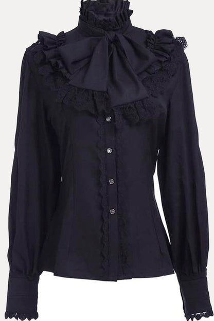 Tops de cuello alto con lazo y encaje sólido de estilo británico