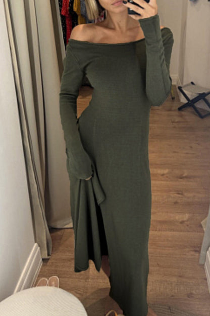 Vestidos casuales sencillos de corte A con aberturas lisas y cuello redondo