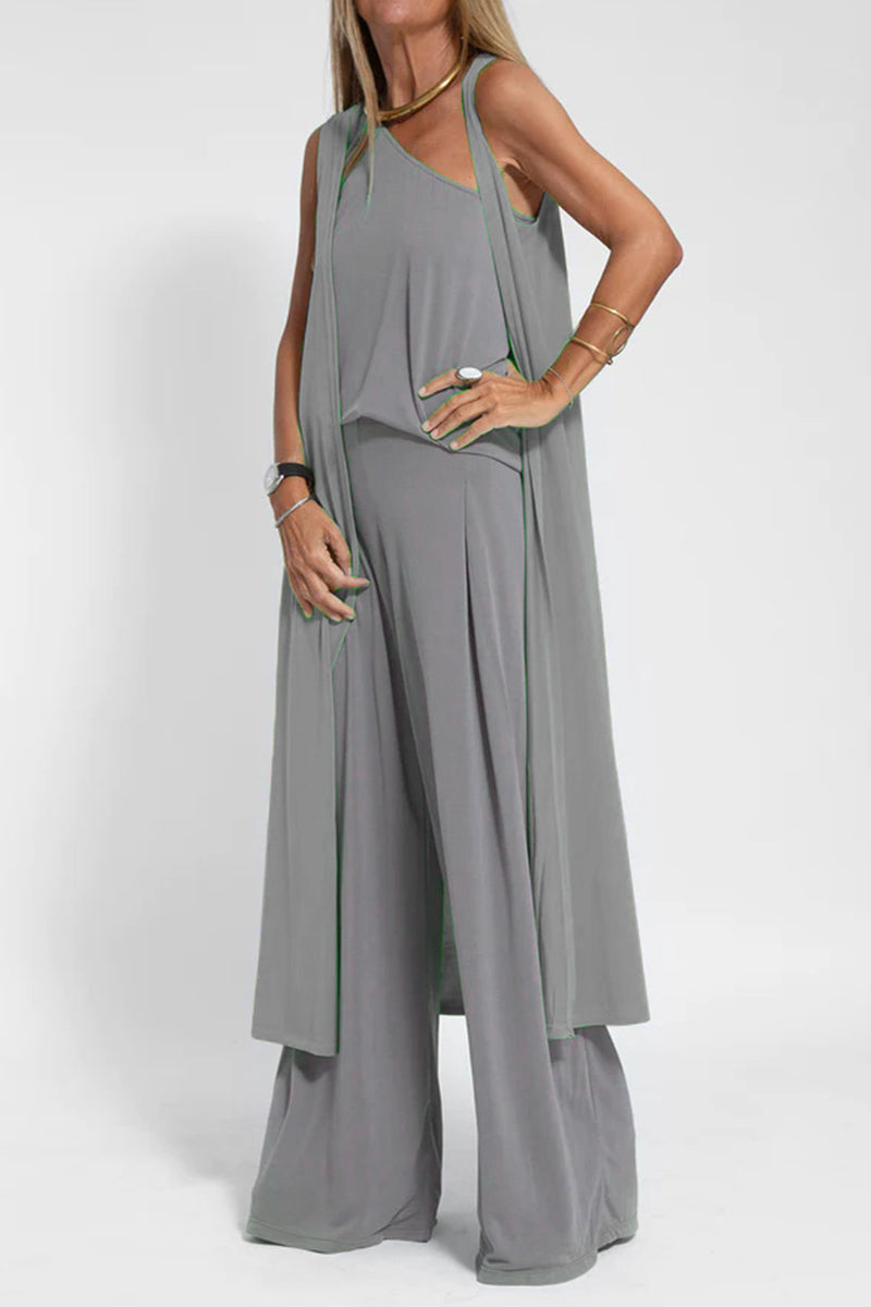 Conjunto informal de tres piezas, liso, con cuello oblicuo y sin mangas