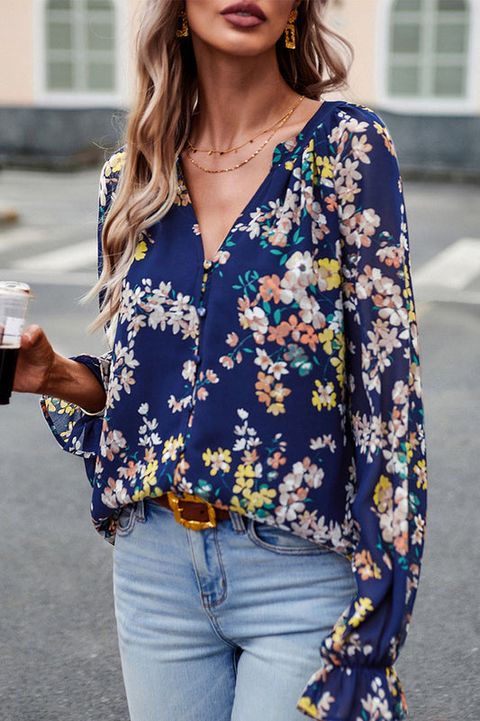 Blusas elegantes con cuello en V y botones florales (4 colores)