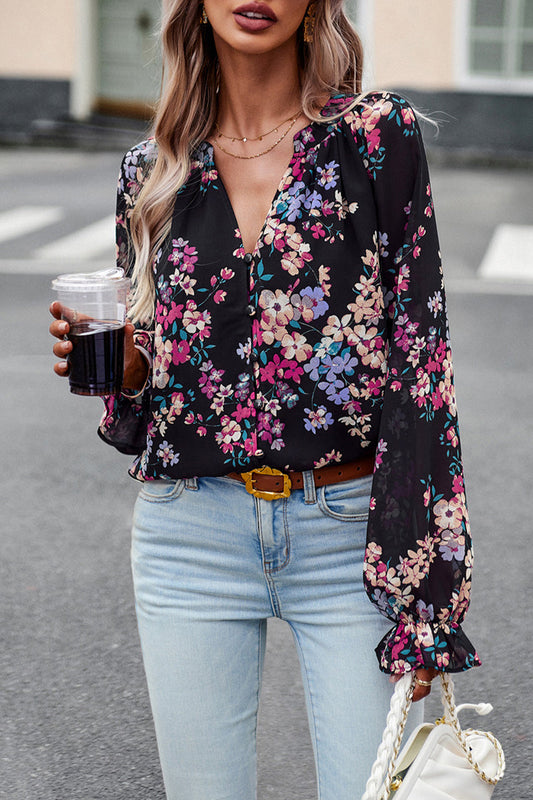 Blusas elegantes con cuello en V y botones florales (4 colores)