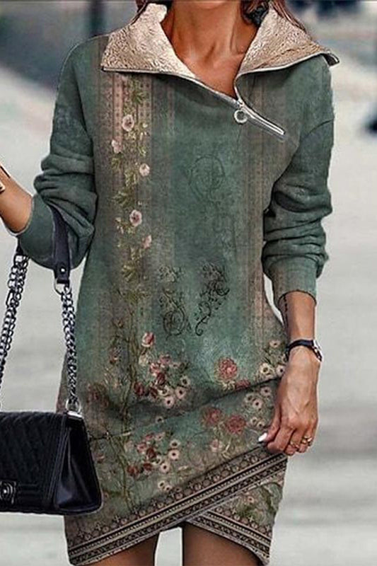Vestidos casuales de corte A con cuello oblicuo y estampado de patchwork