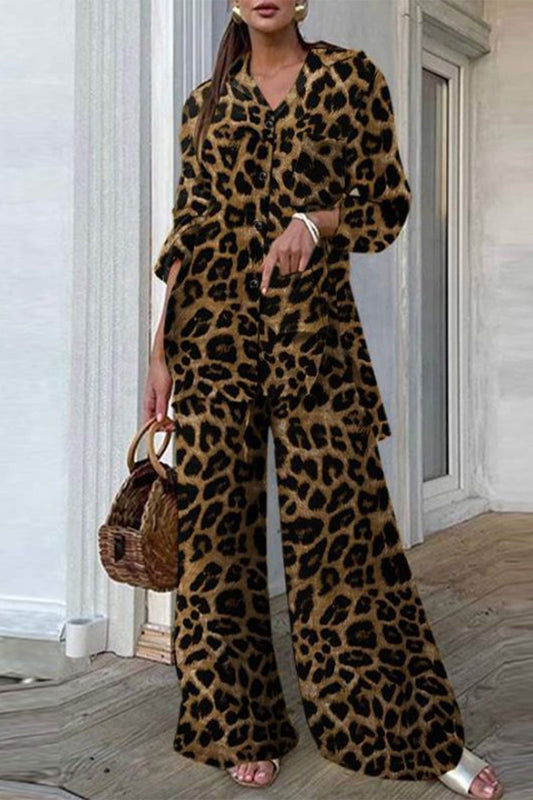 Conjunto informal de dos piezas con estampado de leopardo y cuello vuelto, manga larga (3 colores)