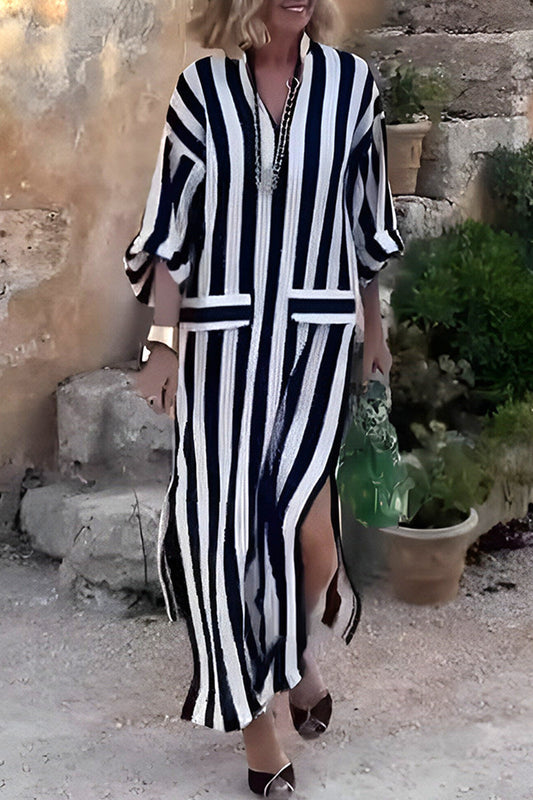 Vestidos casuales de rayas con bolsillos y escote en V