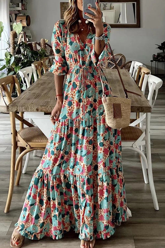Vestido bohemio universitario con estampado floral y escote en V (6 colores)