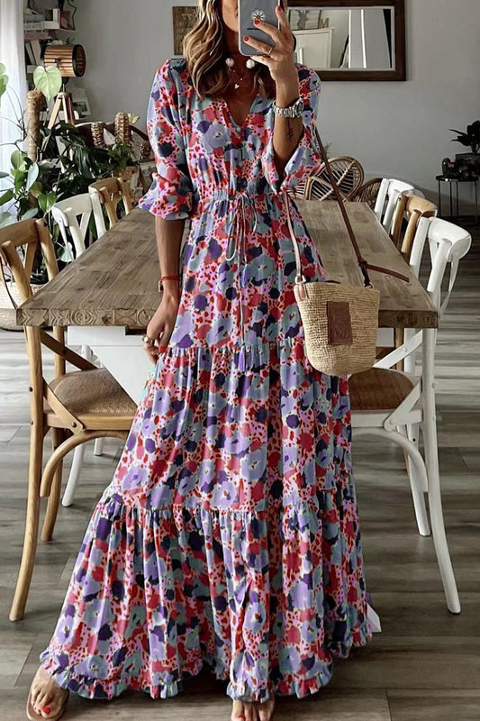 Vestido bohemio universitario con estampado floral y escote en V (6 colores)