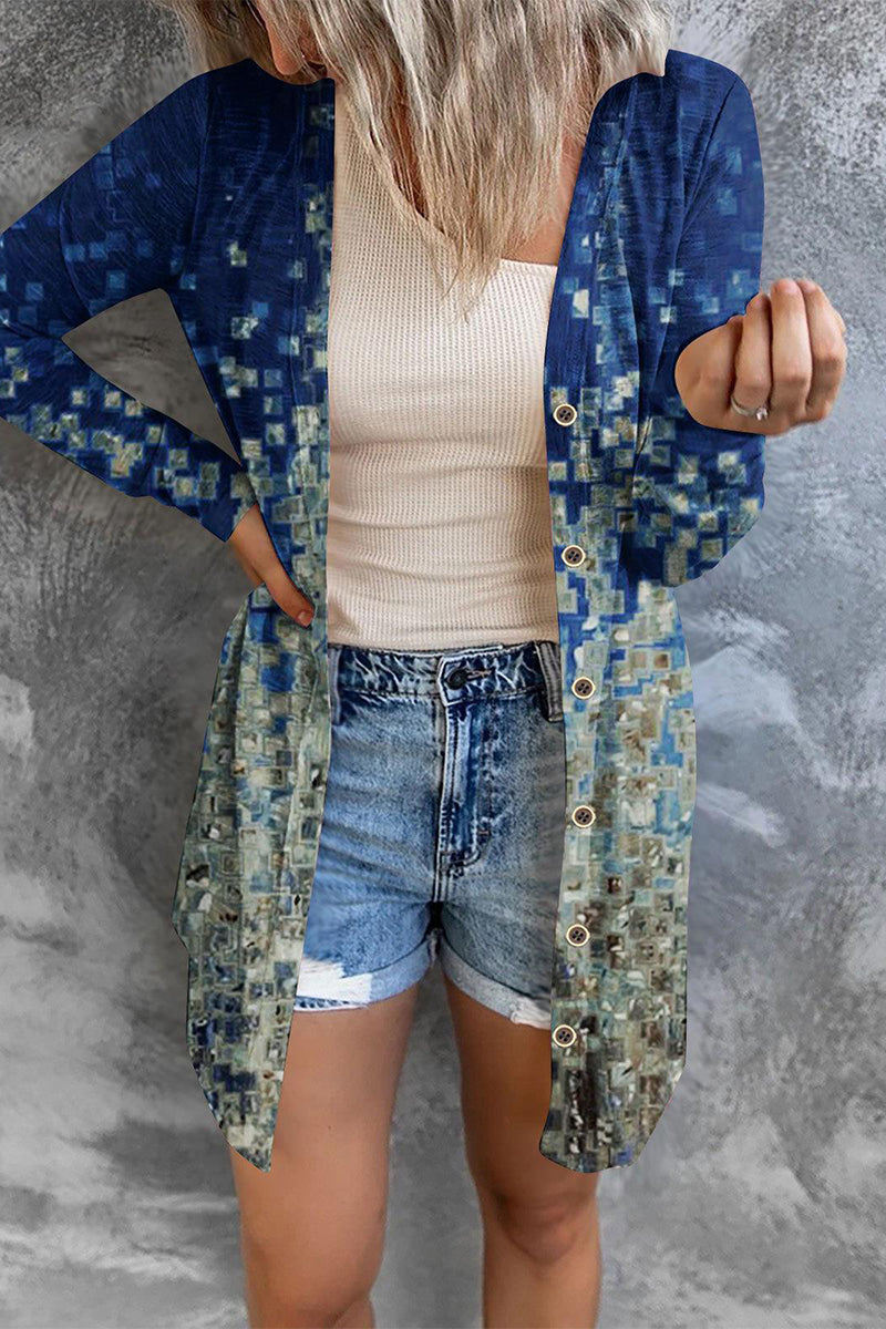 Prenda exterior tipo cárdigan con cuello de patchwork y estampado urbano (8 colores)