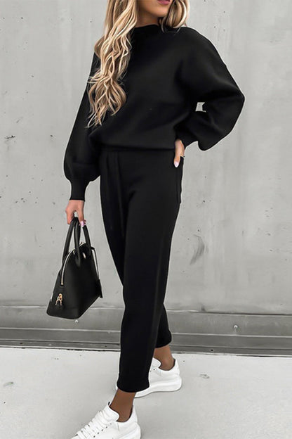 Conjunto informal sencillo de dos piezas con cuello alto, manga larga y parches lisos (10 colores)