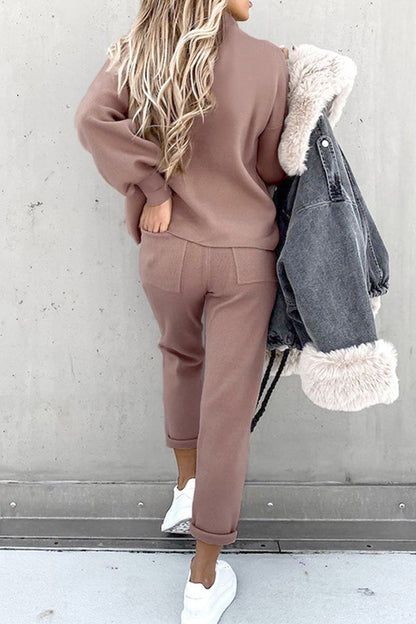 Conjunto informal sencillo de dos piezas con cuello alto, manga larga y parches lisos (10 colores)