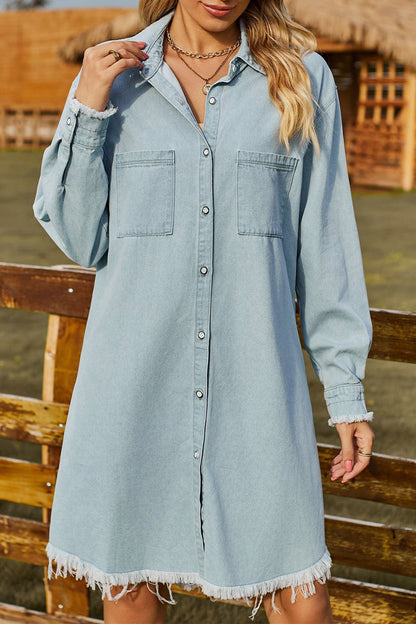 Vestido vaquero holgado informal de manga larga con cuello vuelto y estampado liso (sin cinturón)