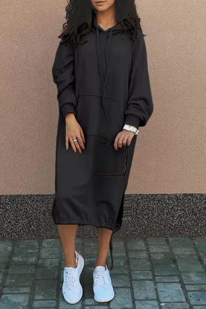 Vestidos casuales de manga larga con cuello y capucha de patchwork liso (7 colores)