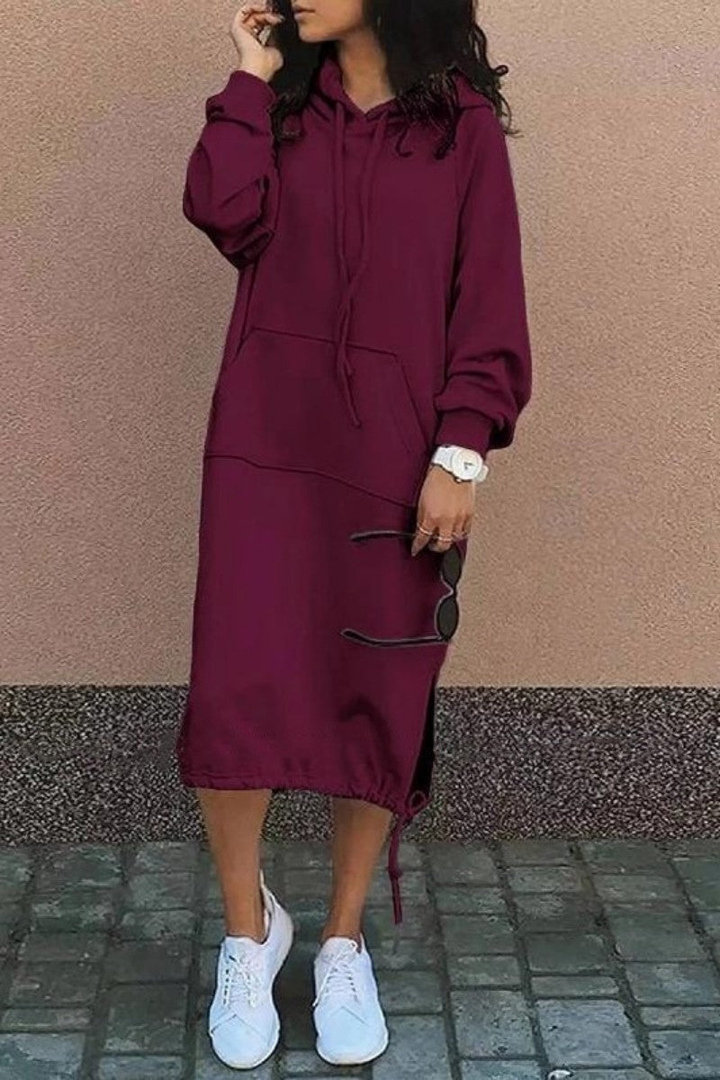 Vestidos casuales de manga larga con cuello y capucha de patchwork liso (7 colores)