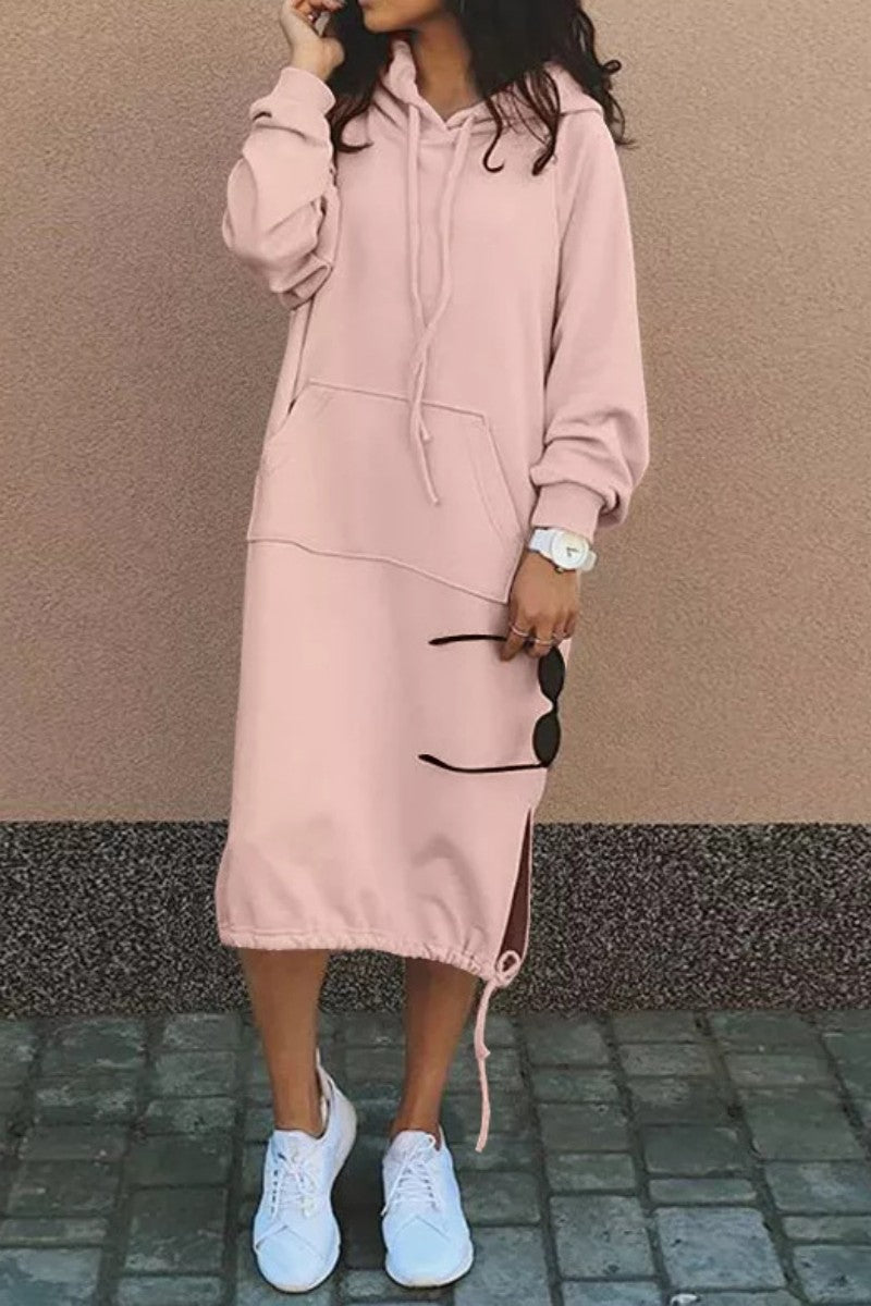 Vestidos casuales de manga larga con cuello y capucha de patchwork liso (7 colores)
