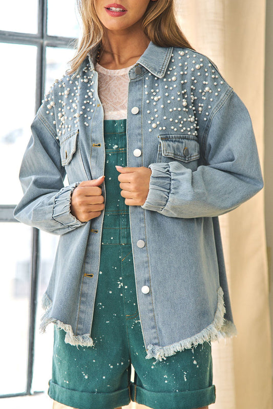 Chaqueta vaquera holgada de manga larga con cuello vuelto, borlas y abalorios de patchwork urbano