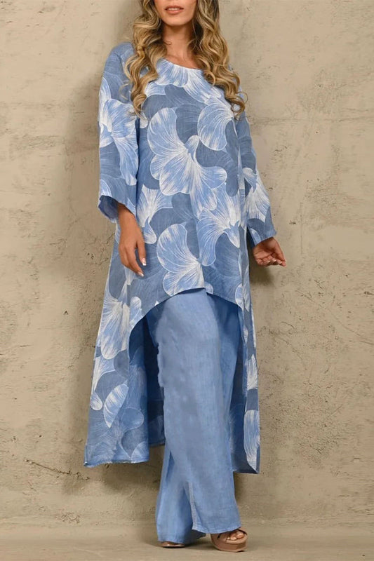 Conjunto informal de dos piezas con estampado floral asimétrico, cuello redondo y manga larga