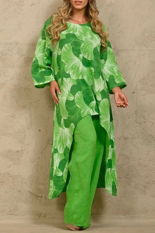 Conjunto informal de dos piezas con estampado floral asimétrico, cuello redondo y manga larga