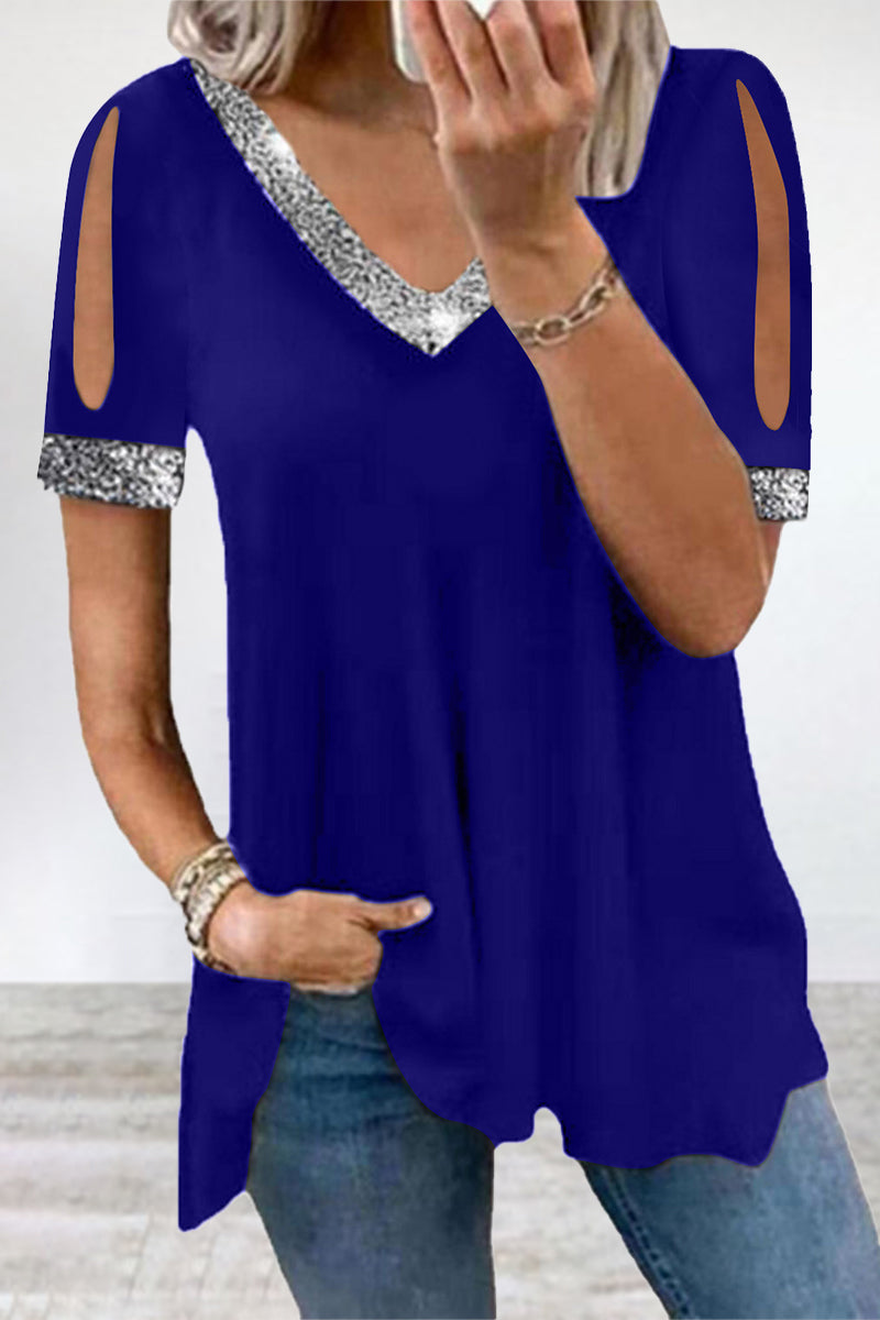 Camisetas casuales de cuello en V con lentejuelas sólidas