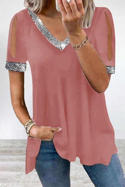 Camisetas casuales de cuello en V con lentejuelas sólidas