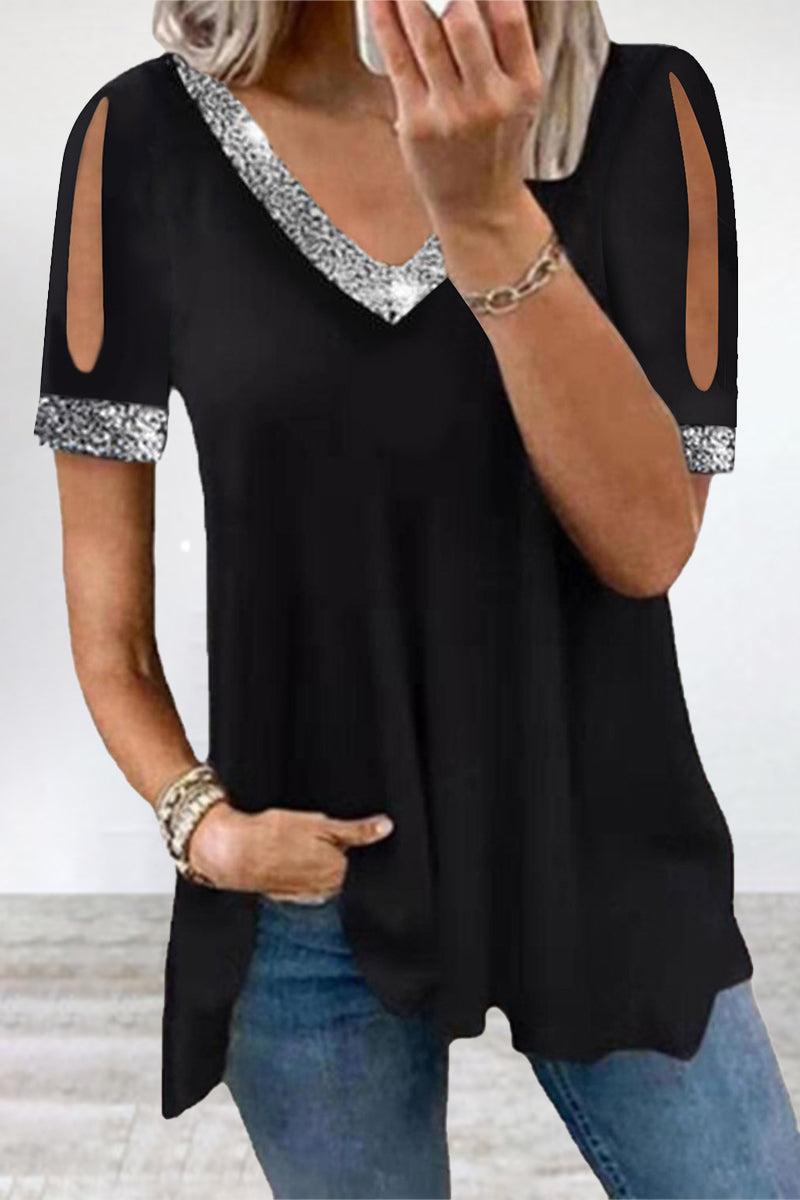 Camisetas casuales de cuello en V con lentejuelas sólidas