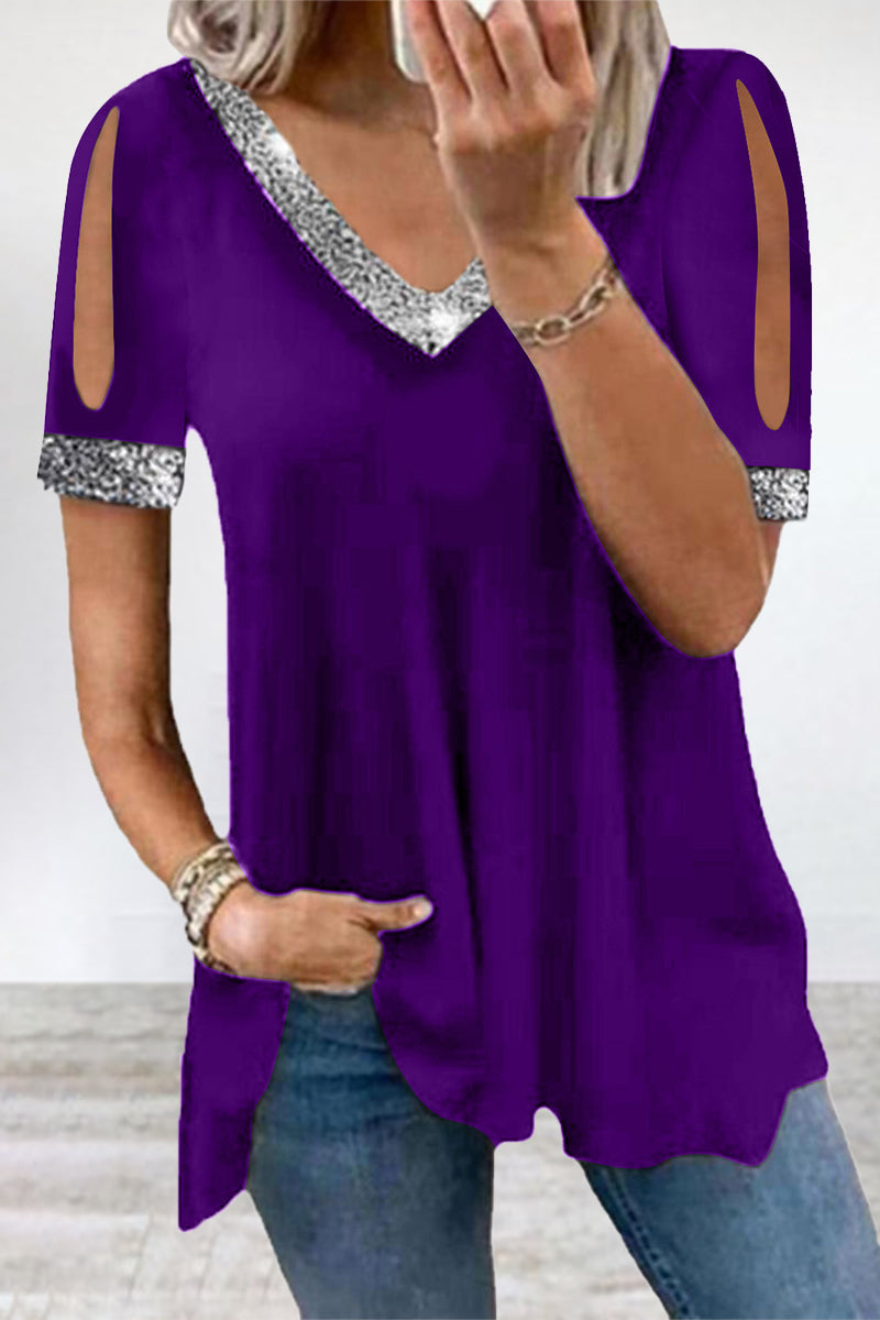 Camisetas casuales de cuello en V con lentejuelas sólidas