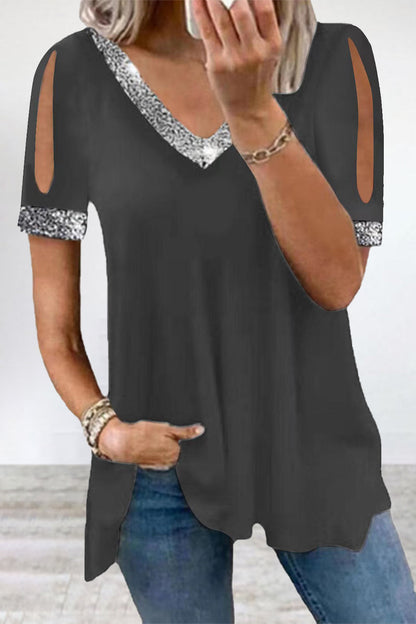 Camisetas casuales de cuello en V con lentejuelas sólidas
