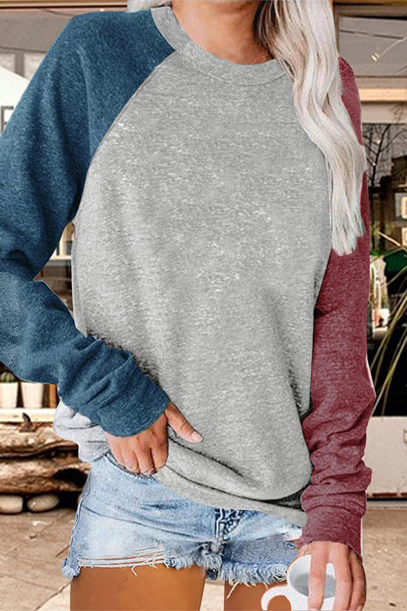 Tops casuales de cuello redondo con contraste de bloques de colores en tallas grandes