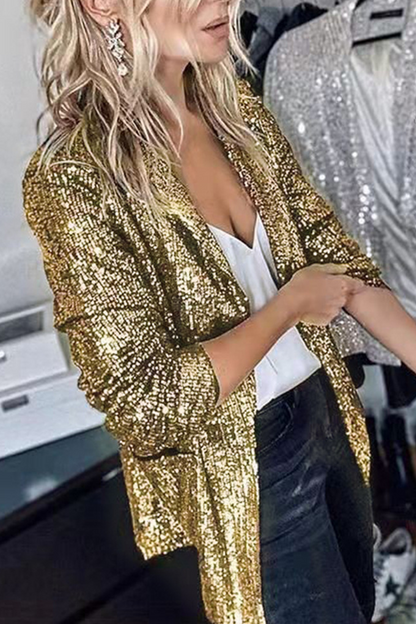 Prenda exterior tipo cárdigan con cuello de lentejuelas y patchwork urbano (8 colores)