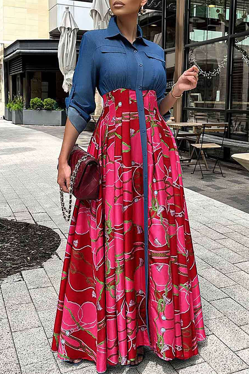 Vestido camisero informal con cuello vuelto, estampado de patchwork y hebilla