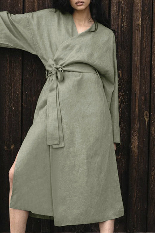 Vestidos casuales de manga larga con escote en V y frenillo liso