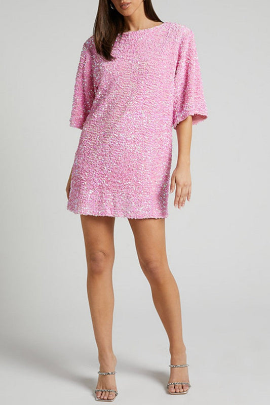 Vestidos casuales de patchwork con lentejuelas, frenillo, espalda descubierta y cuello redondo