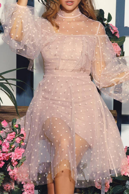 Vestidos de princesa con cuello alto, elegantes y dulces, de patchwork liso y medio cuerpo