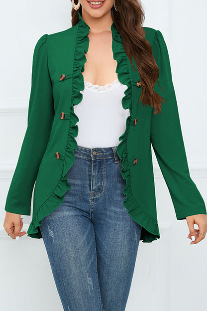 Elegante prenda exterior con cuello de hoja de loto, volante y hebilla sólida