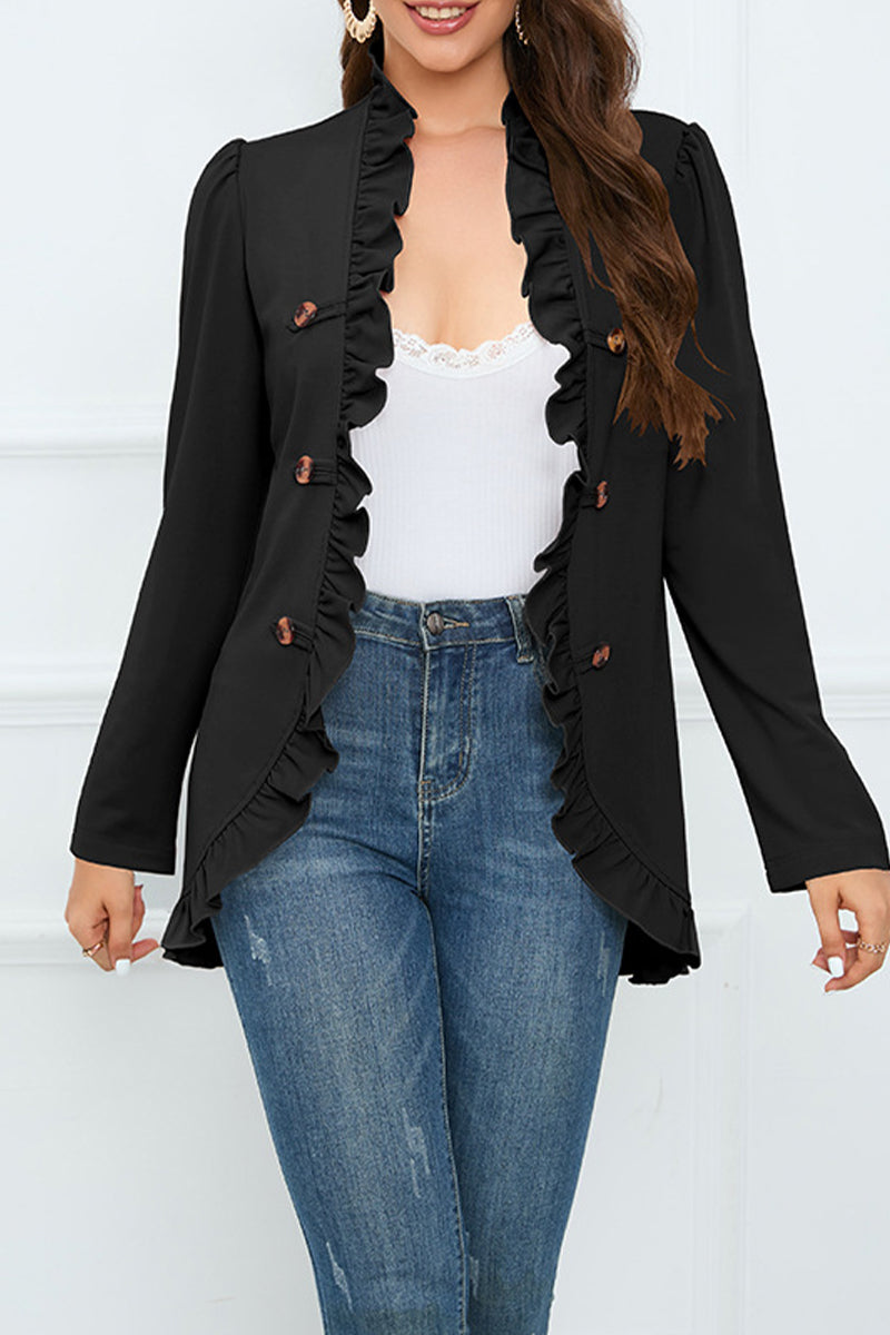 Elegante prenda exterior con cuello de hoja de loto, volante y hebilla sólida