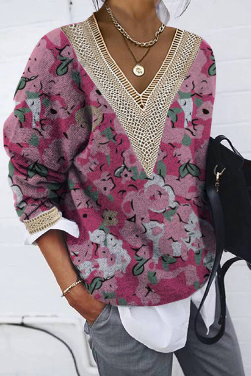 Tops casuales con cuello en V y patchwork con estampado