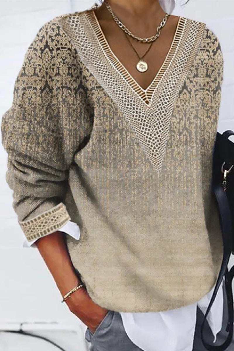 Tops casuales con cuello en V y patchwork con estampado