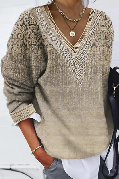 Tops casuales con cuello en V y patchwork con estampado