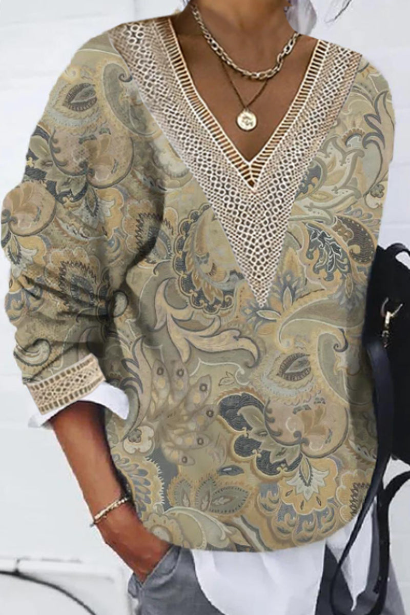 Tops casuales con cuello en V y patchwork con estampado